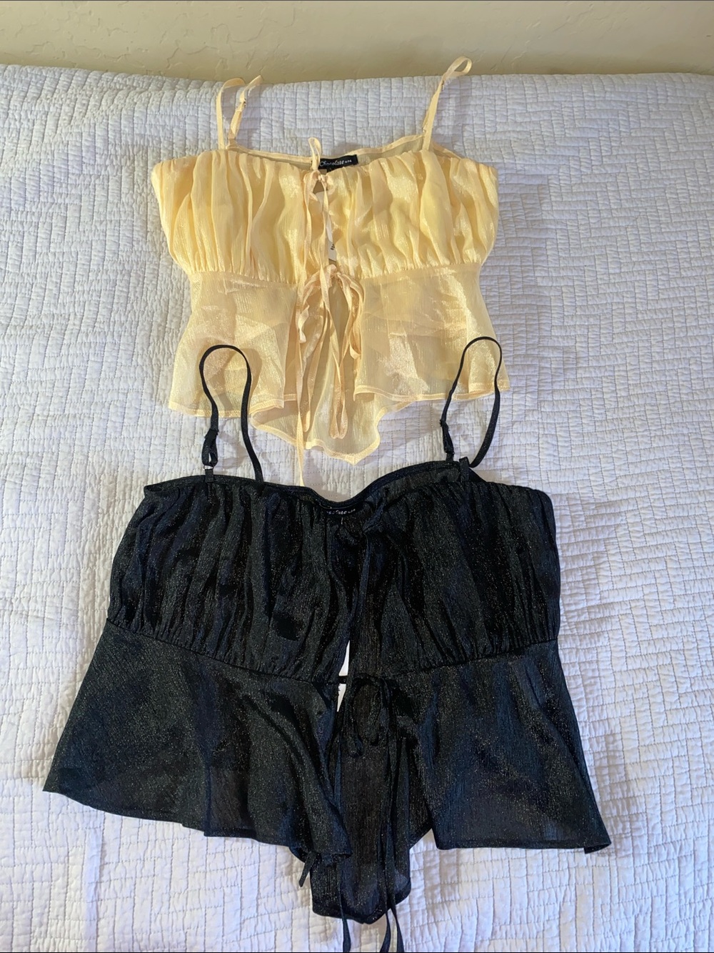 2 Sheer Yellow and Black Tie-Front Camisole Top by That Girl